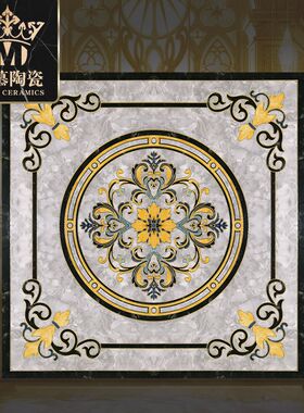 镀金灰色圆形云石纹地面拼花瓷砖K金入户玄关地砖拼图大客厅门厅