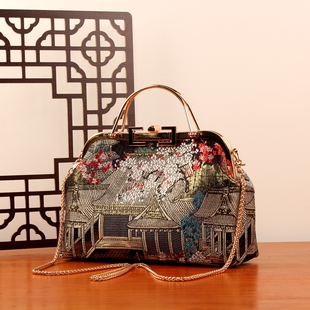 红黑网格花瓣 26cm凹腰双拎手口金包diy手工制作的口金材料包免裁