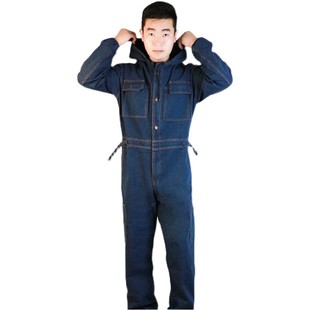 牛仔连体工作服男冬季 加厚带帽劳保服汽修喷漆全身耐磨防尘连体衣