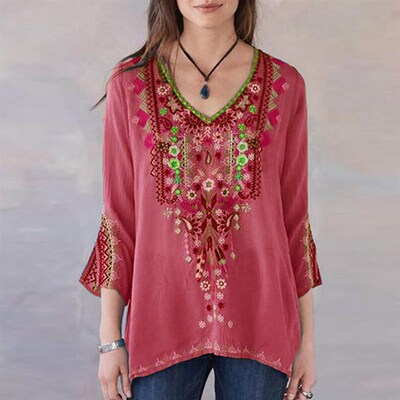 Blouses Women Boho Casual V Neck Long Sleeve Floral Embroide