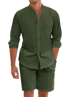 Cotton Linen Long Sleeve Shirt + Shorts Summer Men Two-Piece