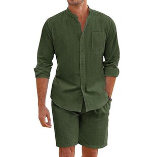 Sleeve Shirt Two Linen Piece Men Long Summer Cotton Shorts