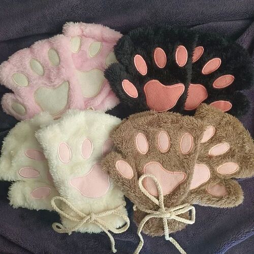 Cute Fluffy Cat Paw Claw Fingerless Gloves Plush Fingerless