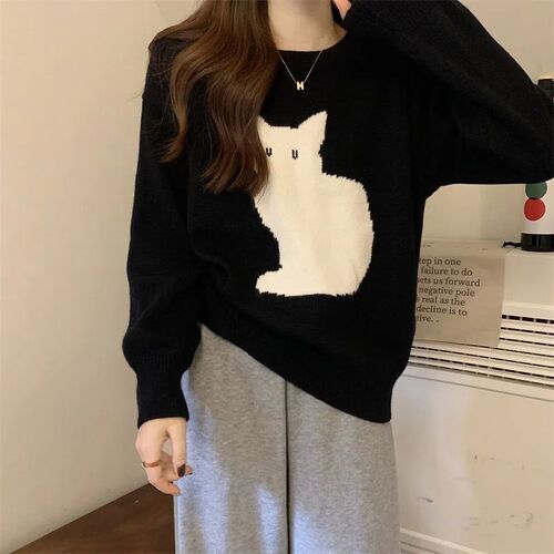 Womens Sweater Cute Cartoon Cat Pullover Autumn Winter Out
