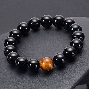 Natural eye Bracelets Men Tiger Beads with Onyx Black Stone