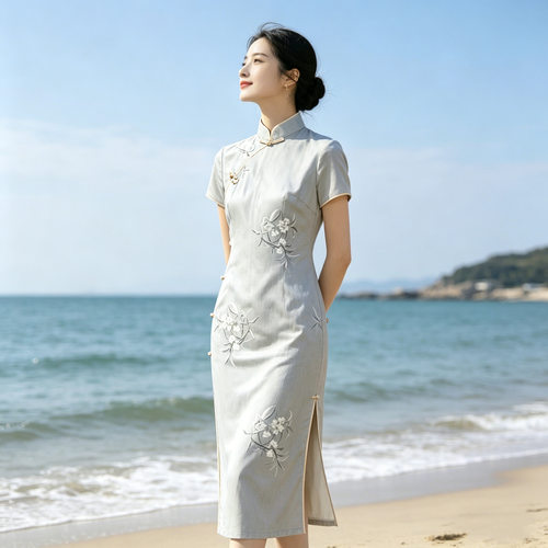 后拉链新中式少女旗袍
