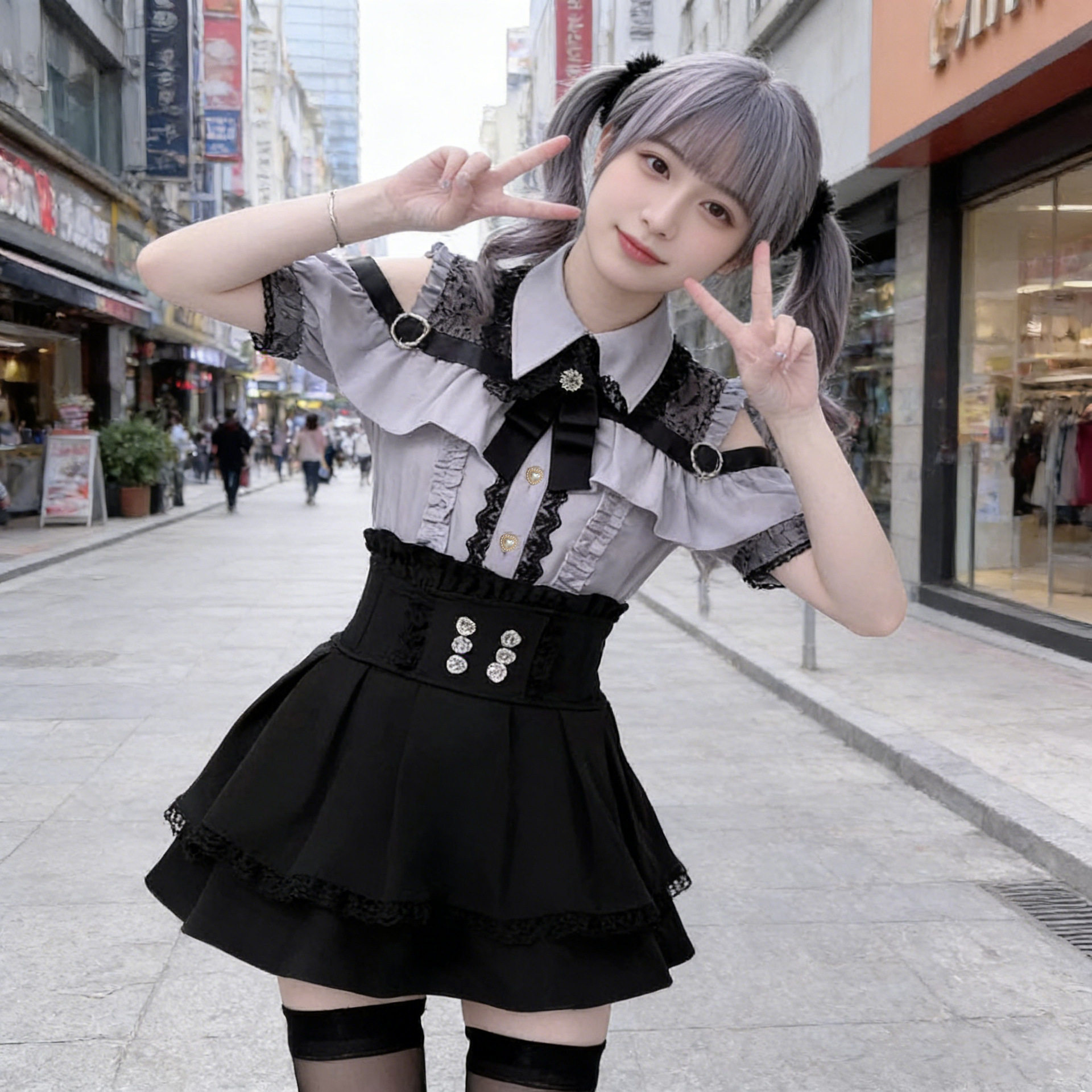 少女日系jk制服夏季短袖暗黑系lolita连衣裙黑色蕾丝花边衬衫套装