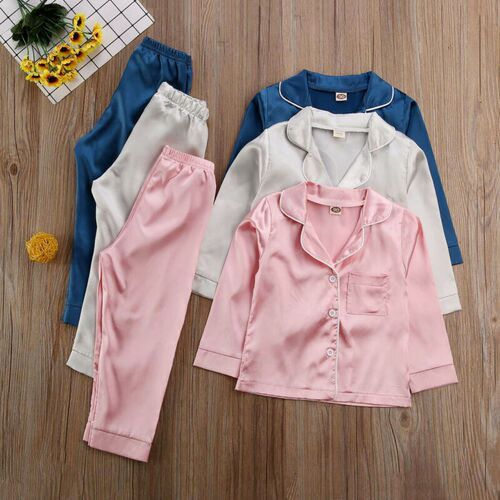 Childrens Kids Pyjamas Silk Satin Tops Pant Autumn Winter Lo