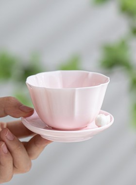 粉色捏花主人杯单杯家用陶瓷海棠品茗杯女士个人专用喝茶杯杯垫组