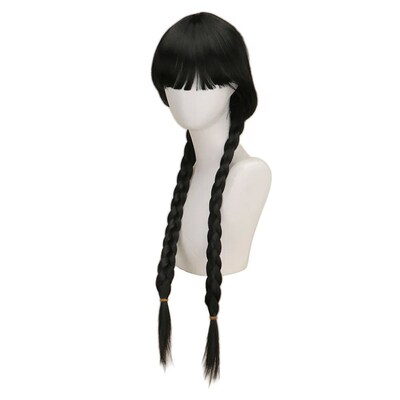 Wednesday Addams Cosplay Wig Long Black Braids Hair Heat Res