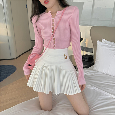White Pleated Skirts Women High Waist Mini Skirt Metal Lette