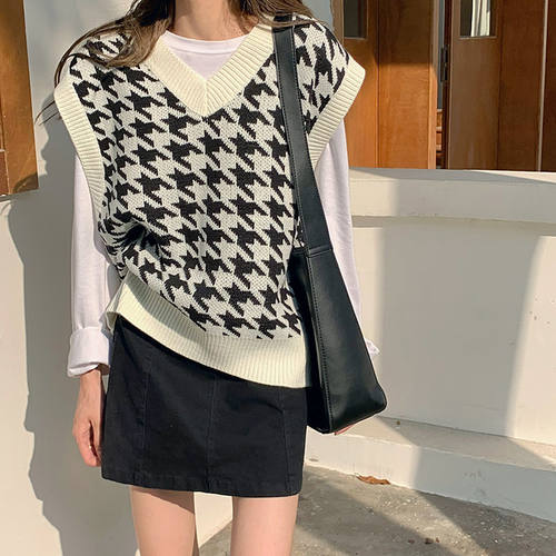 Women Sweater Vest Autumn Houndstooth Plaid V-Neck Sleeveles