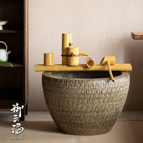 鱼缸落地摆件庭院园林现代陶瓷平口大缸粗陶手工圆坛水缸大花盆