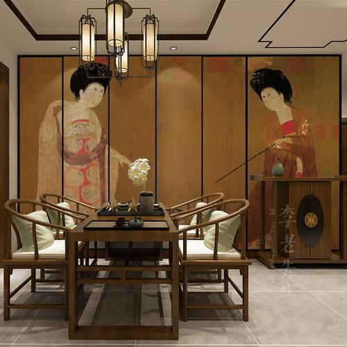 唐代美人簪花仕女图墙纸国画中式古典壁纸饭店民宿摄影背景墙壁画