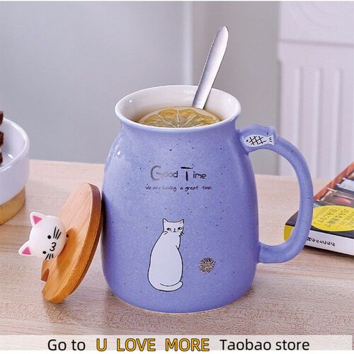 Milk Coffee Ceramic Mug with Lid Spoon Cup Cute Cat Heat-res