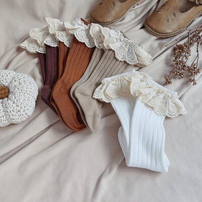 New Baby Girls Knee High Socks Soft Cotton Kids Lace Frilly