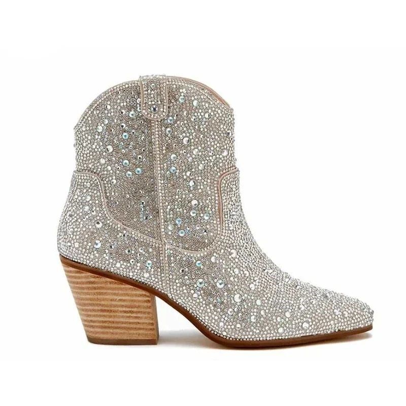 Western Cowboy Boots Fashion Women Ankle Boots Glitter Bling图片
