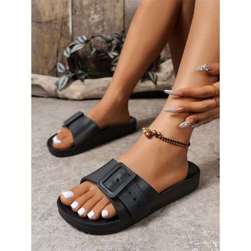 Womens Simple Casual Flat Heel Buckle Slippers Large Size