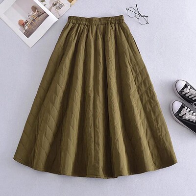 High Elastic Waist Quilted Cotton Jupe Black Skirt Korean St