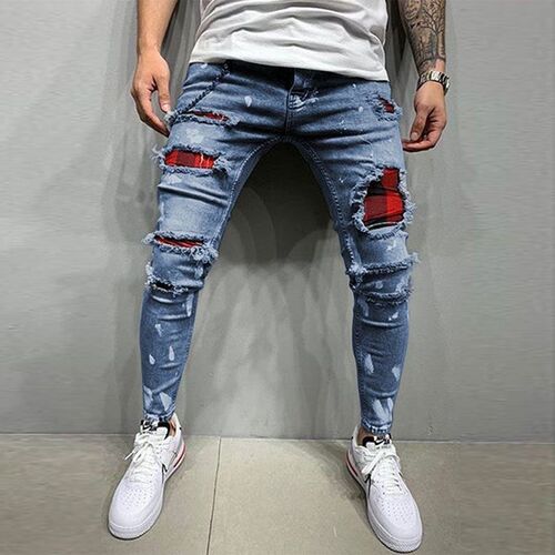 Ripped Jeans Men Sretch Skinny Grey Blue Black Hip Hop Denim