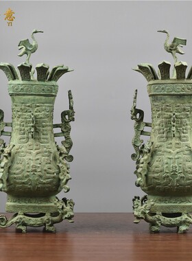 仿古青铜器摆件春秋莲鹤方壶郑州会议礼品古玩收藏软装饰品工艺品