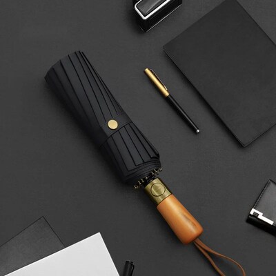16 Ribs Full-Automatic Log Handle Umbrella For Men Large Thr