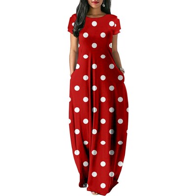Polka dots Print Women Casual Short Sleeve Dress Loose Long