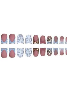 24pcs Short Duckbill False Nails Wearable Blue French Fake N
