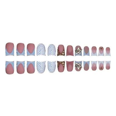 24pcs Short Duckbill False Nails Wearable Blue French Fake N