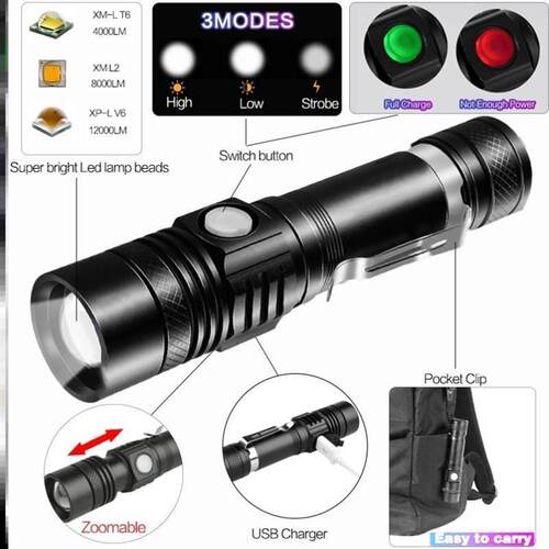 5000LM Led flashlight USB torch Zoomable 18650 Bicycle Light