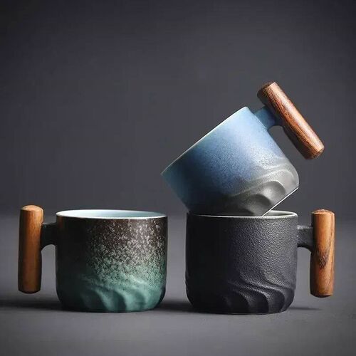 Blue Ceramic Coffee Mug Retro Wooden Handle Filter Tea Mug O