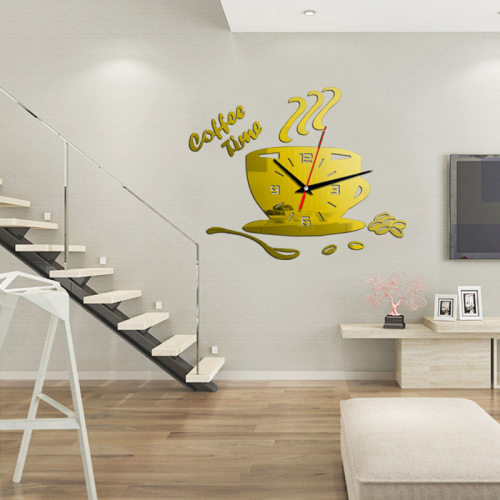 Creative Coffee Cup Shaped Wall Clock Modern Design 3D Mirro
