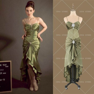 14085#IENA Elegant Spaghetti Strap Vintage Olive Green Sweet