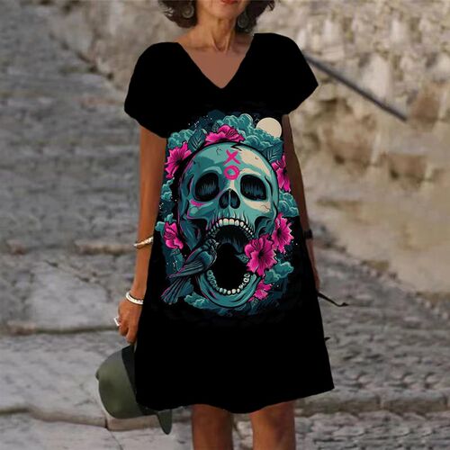 Fashion Ladies A-Line Dress V-Neck Short Sleeves New Skull