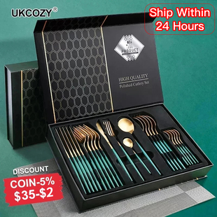 24pcs Gold Dinnerware Set Stainless Steel Tableware Set Knif