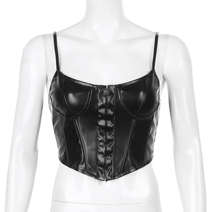 Womens Corset Sexy Black PU Leather Bustier Crop Top Fashio
