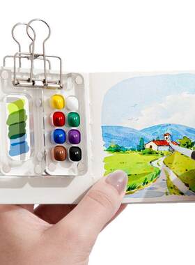 Watercolor paints, acrylic box, color mixing small drawing