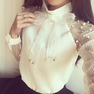 2019 New Summer elegant organza bow of pearl white blouse wo