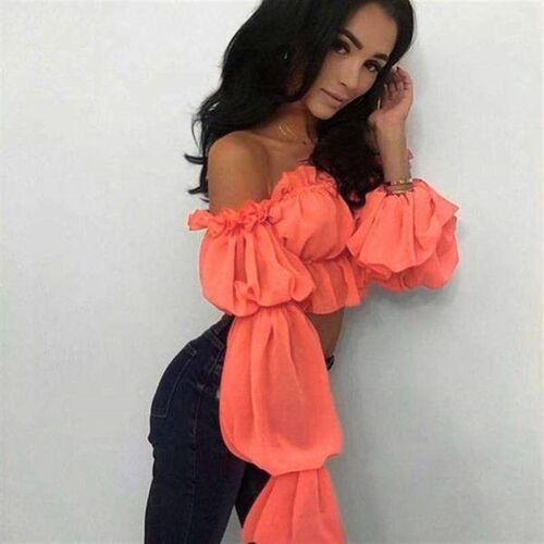 Summer Off Shoulder Ruffle Women Crop Tops Blouses Casual Lo