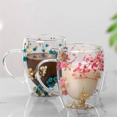 Dried Flower Double Wall Coffee Mugs Double Insulated Clear