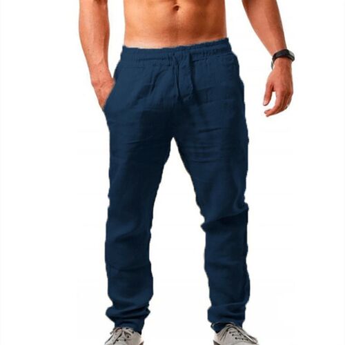 Mens Cotton Linen Long Pants Summer Solid Color Breathable
