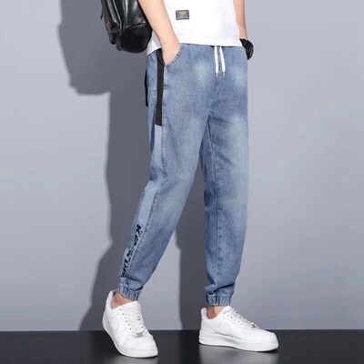 Boys elastic waist washed jeans large size toe cropped tendy