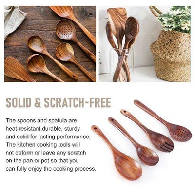 Wooden Kitchen Cooking Utensils, 7 Pcs Wooden Spoons And