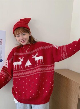 Red Christmas sweater womens top红色圣诞毛衣女洋气气质上衣