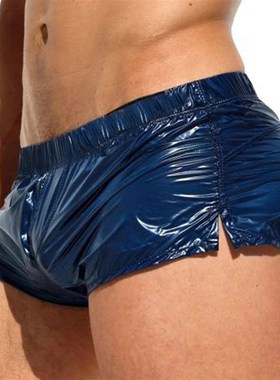 Mens Glossy Swimming Trunks Low Rise Sides Slit Solid Color
