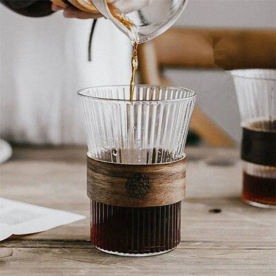 350ML Japanese Style Glass Coffee Mug Walnut Cup Sleeve Glas