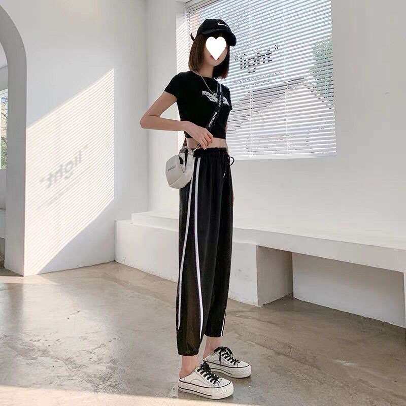 冰丝凉感女装九分裤 黑色柔软加网裤 2022春季新款 L到4XL大尺码