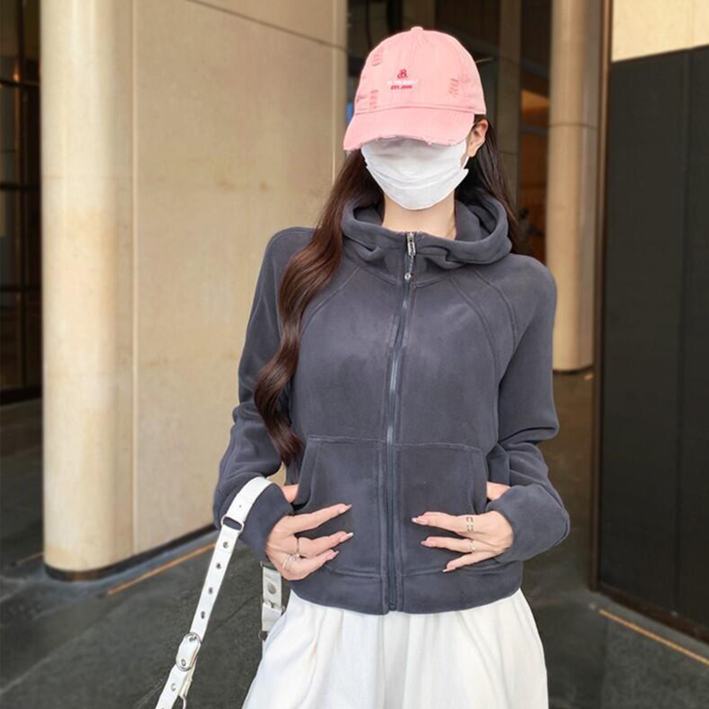 加绒加厚双面奥粒绒连帽外套女宽松百搭设计休闲百搭开衫卫衣上衣