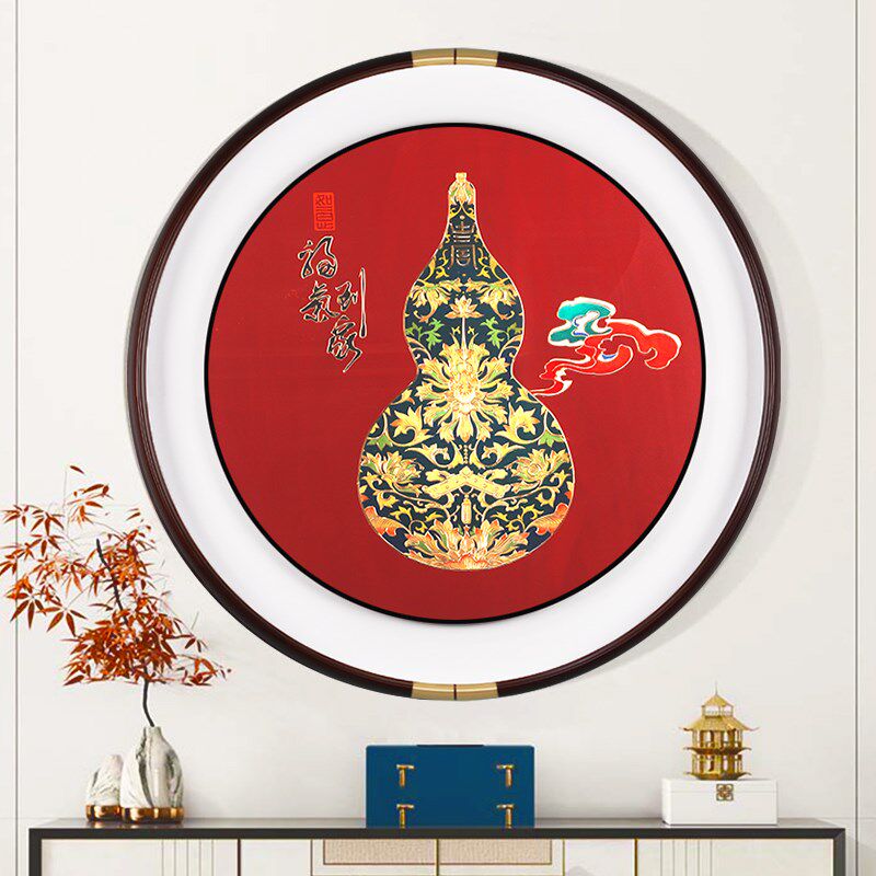 葫芦入户玄关装饰画圆形铜雕画福气到家寓意好客厅挂画带灯正对门