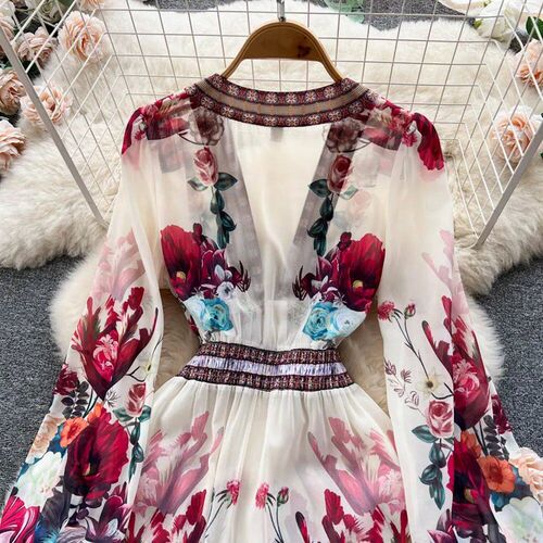 Women Deep V-Neck Bohemian Style Dress Spring Summer Runway